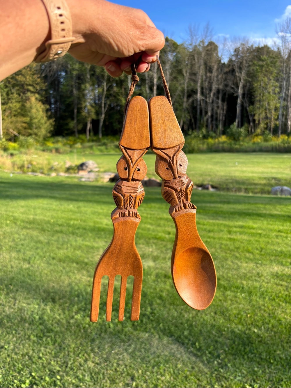 Hand-Carved Wooden Salad Serving Set - Owls